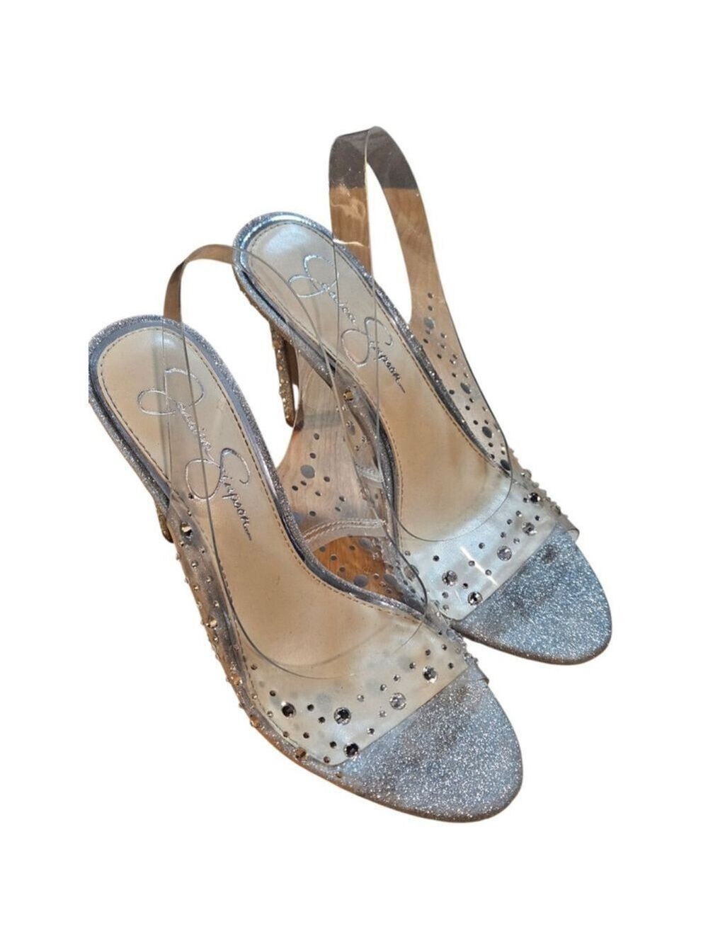 Jessica Simpson Silver Clear Glitter Slingback Heels Size 7 - Picture 8 of 14